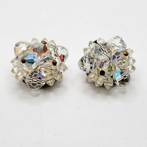 Vintage Faceted Clear AB Crystal Beaded Cluster Clip-on Earrings Germany 1 Inch